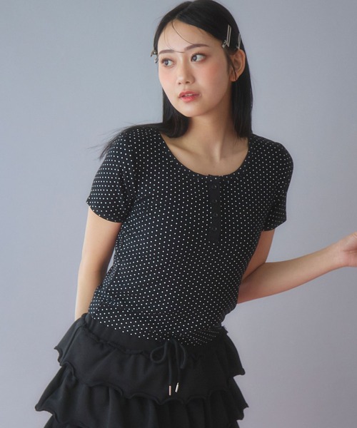 3.3 Field Trip （3.3フィールドトリップ）の「3.3 Field Trip／ドットヘンリーネックT（Tシャツ/カットソー・レディース・ブラック/ホワイト・FREE）」の2枚目の写真