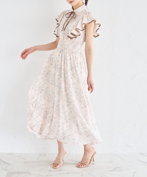 GOLDS♡タグ付き♡ラッフルフリル胸元おりぼんワンピ♡銀ラメ♡ピンク×ブラック リボン付きラッフルフリル×ピンタックウエストシャーリング
