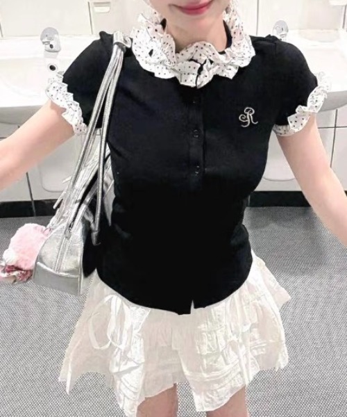 Achic(アシック)の「レースフリルカラーフロントボタンカットソー(Tシャツ/カットソー・レディース・ブラック・M)」の10枚目の写真