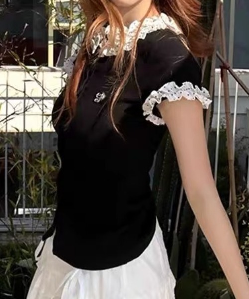 Achic(アシック)の「レースフリルカラーフロントボタンカットソー(Tシャツ/カットソー・レディース・ブラック・M)」の8枚目の写真