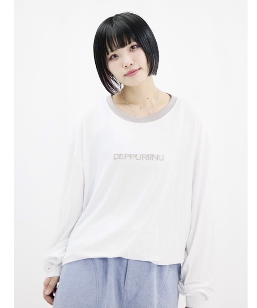 L.H.P(エルエイチピー)の「neuron/ニュウロン/DEPPURIINU ロングTシャツ(Tシャツ/カットソー・レディース・グリーン系その他3/ブラック/ホワイト・F)」の2枚目の写真