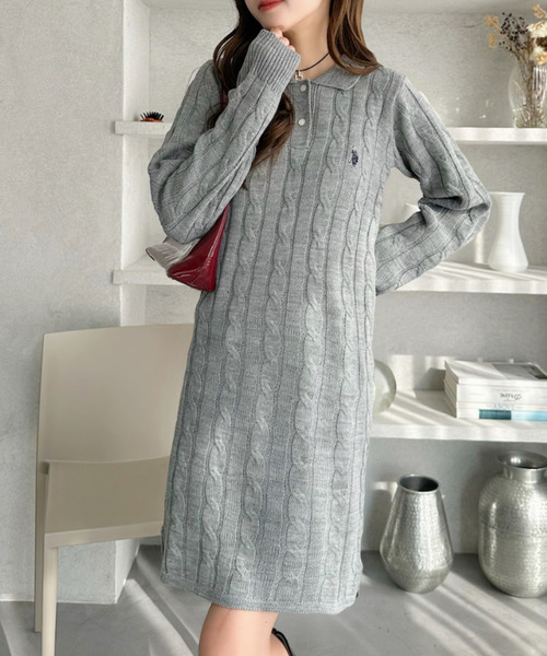 レディースウェア minuere tweed pearl button polo セール】【Ada.別注 U.S. POLO ASSN】ケーブル ポロニット ミニ