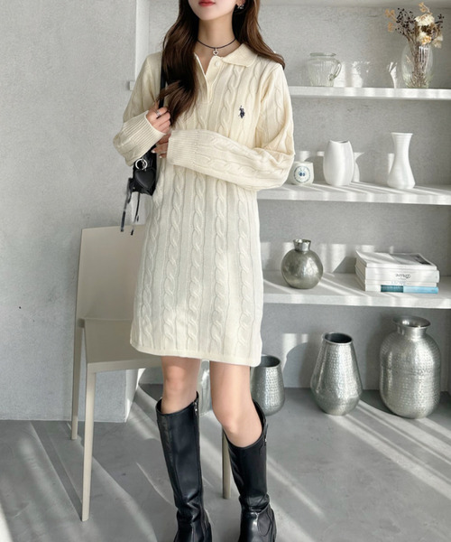 U.S. POLO ASSN ケーブル ポロニット ワンピース セール】【Ada.別注 U.S. POLO ASSN】ケーブル ポロニット ミニ