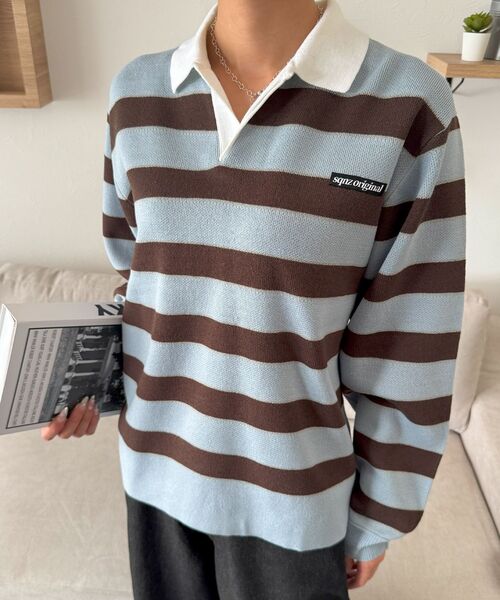 SEQUENZ（シークエンズ）の「【SEQUENZ（シークエンズ）】sqnz border knit / ボーダー ニット スキッパー 織ネーム ワンポイント（ニット/セーター・メンズ・ライトブルー/ネイビー・SMALL/MEDIUM/LARGE）」の2枚目の写真