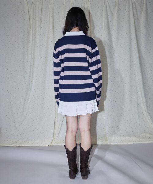 SEQUENZ（シークエンズ）の「【SEQUENZ（シークエンズ）】sqnz border knit / ボーダー ニット スキッパー 織ネーム ワンポイント（ニット/セーター・メンズ・ライトブルー/ネイビー・SMALL/MEDIUM/LARGE）」の4枚目の写真