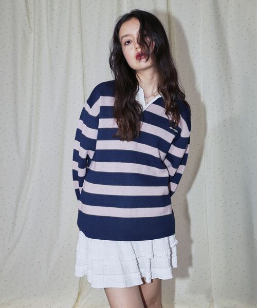 SEQUENZ（シークエンズ）の「【SEQUENZ（シークエンズ）】sqnz border knit / ボーダー ニット スキッパー 織ネーム ワンポイント（ニット/セーター・メンズ・ライトブルー/ネイビー・SMALL/MEDIUM/LARGE）」の5枚目の写真