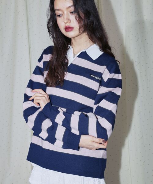 SEQUENZ（シークエンズ）の「【SEQUENZ（シークエンズ）】sqnz border knit / ボーダー ニット スキッパー 織ネーム ワンポイント（ニット/セーター・メンズ・ライトブルー/ネイビー・SMALL/MEDIUM/LARGE）」の6枚目の写真