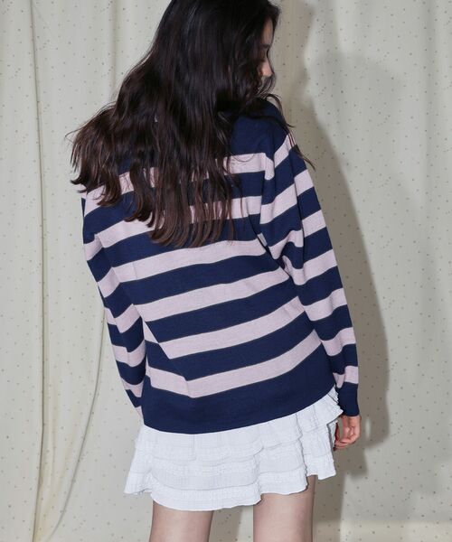 SEQUENZ（シークエンズ）の「【SEQUENZ（シークエンズ）】sqnz border knit / ボーダー ニット スキッパー 織ネーム ワンポイント（ニット/セーター・メンズ・ライトブルー/ネイビー・SMALL/MEDIUM/LARGE）」の8枚目の写真