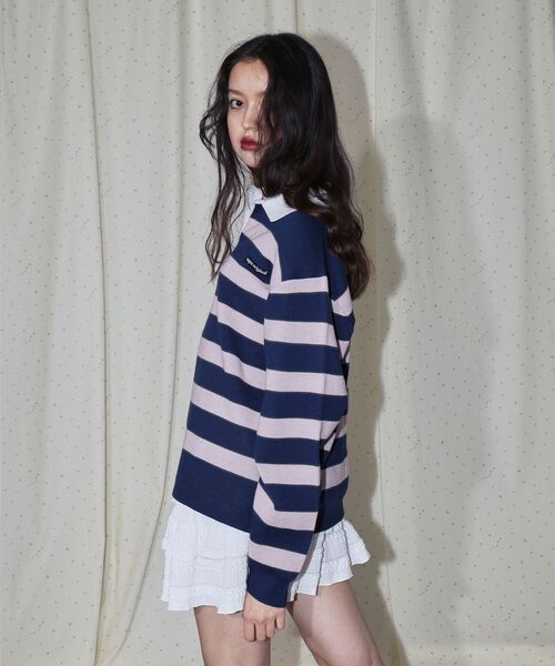 SEQUENZ（シークエンズ）の「【SEQUENZ（シークエンズ）】sqnz border knit / ボーダー ニット スキッパー 織ネーム ワンポイント（ニット/セーター・メンズ・ライトブルー/ネイビー・SMALL/MEDIUM/LARGE）」の9枚目の写真