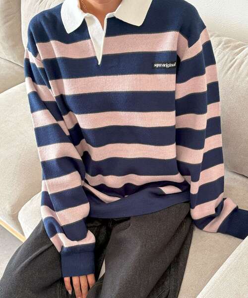 SEQUENZ（シークエンズ）の「【SEQUENZ（シークエンズ）】sqnz border knit / ボーダー ニット スキッパー 織ネーム ワンポイント（ニット/セーター・メンズ・ライトブルー/ネイビー・SMALL/MEDIUM/LARGE）」の11枚目の写真