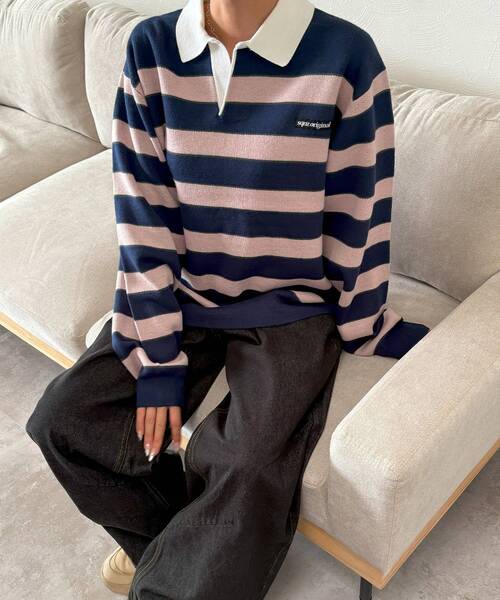SEQUENZ（シークエンズ）の「【SEQUENZ（シークエンズ）】sqnz border knit / ボーダー ニット スキッパー 織ネーム ワンポイント（ニット/セーター・メンズ・ライトブルー/ネイビー・SMALL/MEDIUM/LARGE）」の13枚目の写真