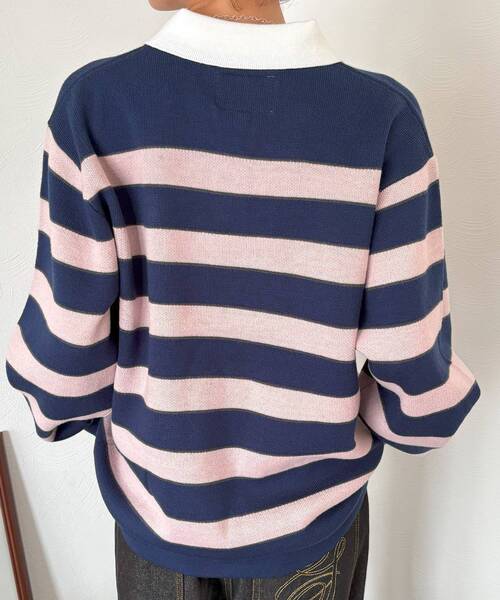 SEQUENZ（シークエンズ）の「【SEQUENZ（シークエンズ）】sqnz border knit / ボーダー ニット スキッパー 織ネーム ワンポイント（ニット/セーター・メンズ・ライトブルー/ネイビー・SMALL/MEDIUM/LARGE）」の14枚目の写真