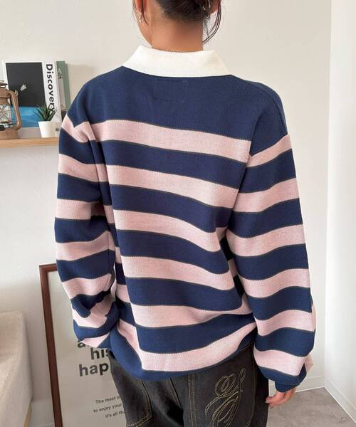 SEQUENZ（シークエンズ）の「【SEQUENZ（シークエンズ）】sqnz border knit / ボーダー ニット スキッパー 織ネーム ワンポイント（ニット/セーター・メンズ・ライトブルー/ネイビー・SMALL/MEDIUM/LARGE）」の15枚目の写真