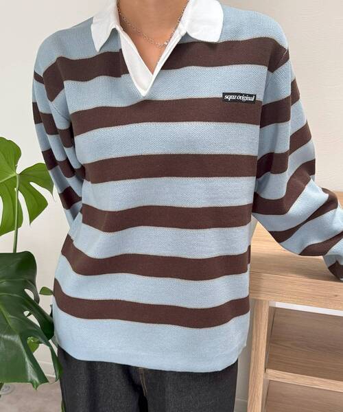 SEQUENZ（シークエンズ）の「【SEQUENZ（シークエンズ）】sqnz border knit / ボーダー ニット スキッパー 織ネーム ワンポイント（ニット/セーター・メンズ・ライトブルー/ネイビー・SMALL/MEDIUM/LARGE）」の17枚目の写真