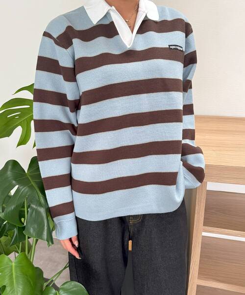 SEQUENZ（シークエンズ）の「【SEQUENZ（シークエンズ）】sqnz border knit / ボーダー ニット スキッパー 織ネーム ワンポイント（ニット/セーター・メンズ・ライトブルー/ネイビー・SMALL/MEDIUM/LARGE）」の18枚目の写真