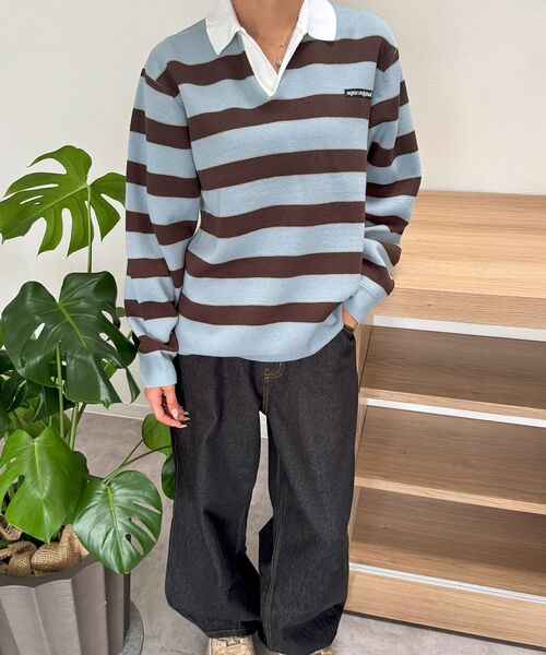 SEQUENZ（シークエンズ）の「【SEQUENZ（シークエンズ）】sqnz border knit / ボーダー ニット スキッパー 織ネーム ワンポイント（ニット/セーター・メンズ・ライトブルー/ネイビー・SMALL/MEDIUM/LARGE）」の19枚目の写真