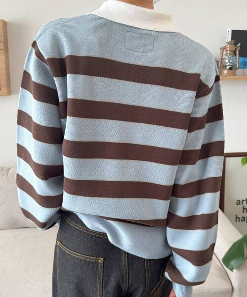 SEQUENZ（シークエンズ）の「【SEQUENZ（シークエンズ）】sqnz border knit / ボーダー ニット スキッパー 織ネーム ワンポイント（ニット/セーター・メンズ・ライトブルー/ネイビー・SMALL/MEDIUM/LARGE）」の21枚目の写真