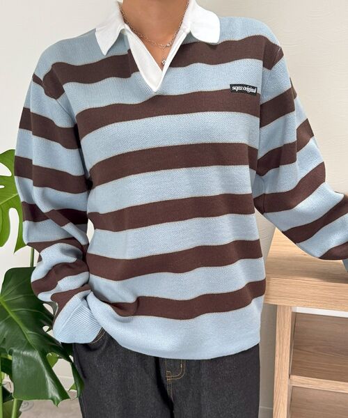 SEQUENZ（シークエンズ）の「【SEQUENZ（シークエンズ）】sqnz border knit / ボーダー ニット スキッパー 織ネーム ワンポイント（ニット/セーター・メンズ・ライトブルー/ネイビー・SMALL/MEDIUM/LARGE）」の22枚目の写真