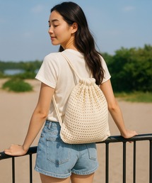 VIBGYOR | 【IZU】 夏バッグ 編み込み ナップサック 巾着 リュックサック レディース メンズ ユニセックス 軽量 大容量 旅行 通学 通勤 アウトドア 韓国ファッション ベージュ/アイボリー(バックパック/リュック)