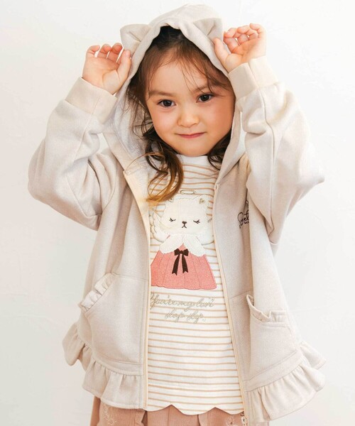 SLAP SLIP（スラップスリップ）の「アニマルネコウサギ耳付きフード裾フリルフルジップパーカー(80~130cm)（パーカー・キッズ・オフホワイト/ピンク・90cm/120cm/110cm/100cm/130cm/80ｃｍ）」の2枚目の写真