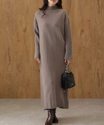 ハイネック リブ 切替 ロング ニット ワンピース