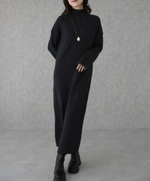 ハイネック リブ 切替 ロング ニット ワンピース