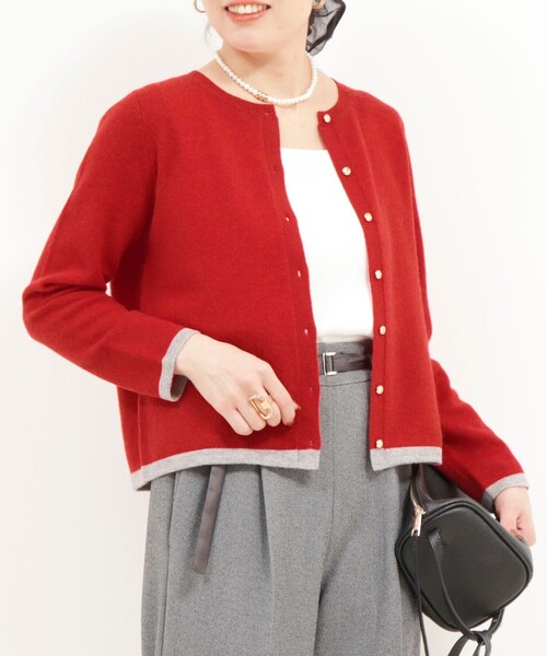 セール】カシミヤ100 配色クルーネックカーディガン（ニット/セーター