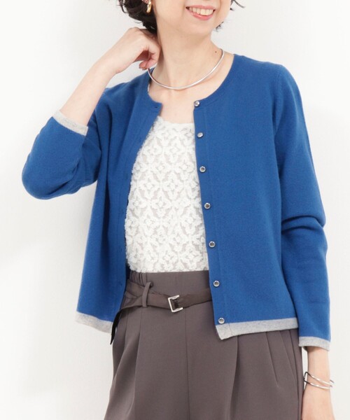 セール】カシミヤ100 配色クルーネックカーディガン（ニット/セーター
