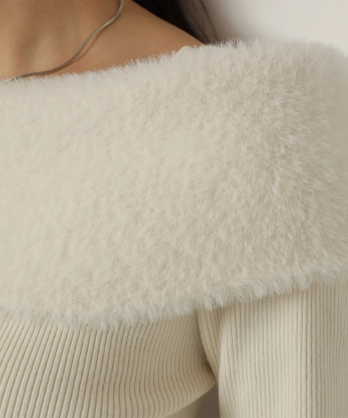 JUSGLITTY（ジャスグリッティー）の「ファーリーオフショルニット（ニット/セーター・レディース・オフホワイト/ブラウン/ブラック/ピンク系その他・2）」の5枚目の写真
