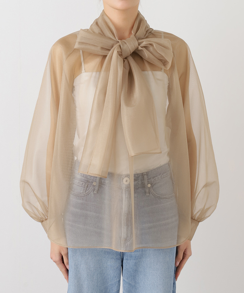 ★新品★ NOBLE ノーブル ベージュ ブライトシアーヨークボウタイブラウス NOBLE（ノーブル） ブライトシアーヨークボウタイブラウス