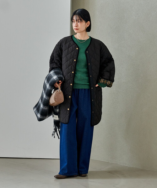 PRIMALOFT ダイヤキルト ノーカラーコート/プリマロフトミドル丈コート