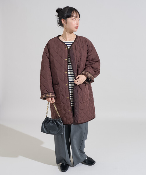 PRIMALOFT ダイヤキルト ノーカラーコート/プリマロフトミドル丈コート