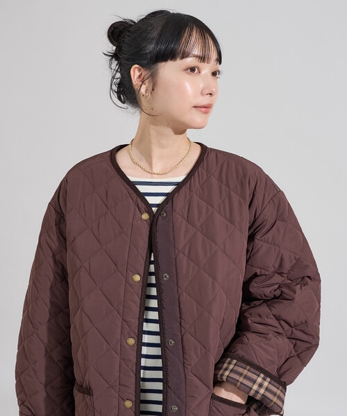 PRIMALOFT ダイヤキルト ノーカラーコート/プリマロフトミドル丈コート