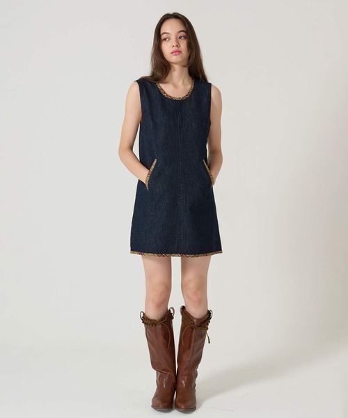 TINA：JOJUN（ティーナジョジュン）の「チェック ドッキング ミニジャンスカ TINA：JOJUN（ジャンパースカート・レディース・インディゴブルー/アイボリー・M）」の2枚目の写真