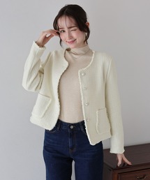 1576美品 シソラス パール付きノーカラージャケット オフホワイト S ツイードノーカラーミドル ジャケット （ノーカラージャケット