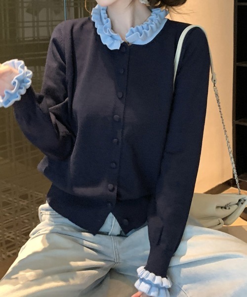CLOTHY(クロシィ)の「【一枚で着映えする、フェミニンアイテム】配色モチーフニットカーディガン(カーディガン/ボレロ・レディース・ブラウン/ネイビー/ブラック・FREE)」の15枚目の写真