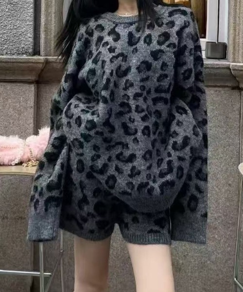 セール】【上下2点セット】ヒョウ柄ビッグシルエットスニットプル