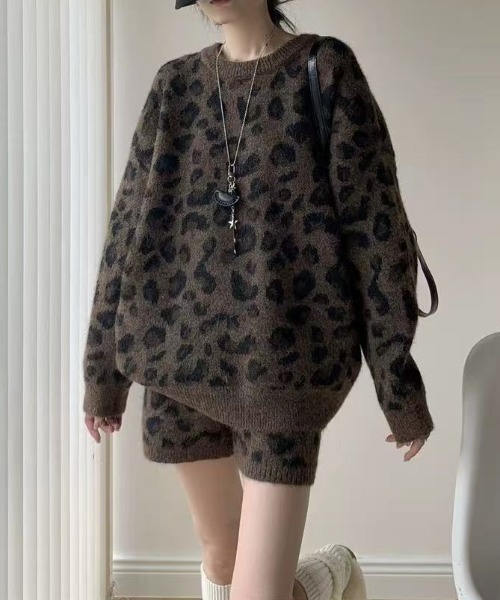 セール】【上下2点セット】ヒョウ柄ビッグシルエットスニットプル