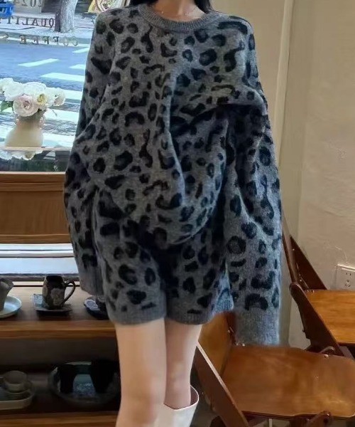 セール】【上下2点セット】ヒョウ柄ビッグシルエットスニットプル