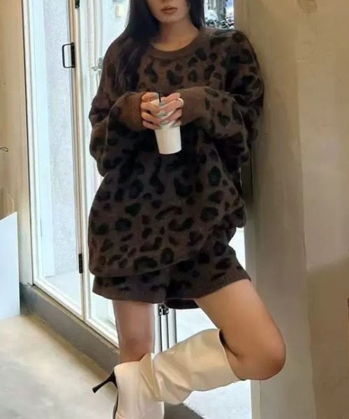 d.i.a/ヒョウ柄ファーポケ★ニットショートパンツ セール】【上下2点セット】ヒョウ柄ビッグシルエットスニットプル