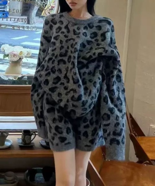セール】【上下2点セット】ヒョウ柄ビッグシルエットスニットプル