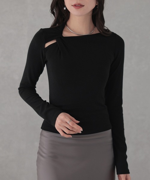 Lace Ladies（レースレディース）の「コットン混 ハイネック ツイスト オープンカット トップス（Tシャツ/カットソー・レディース・チャコールグレー/アイボリー/ブラック・FREE）」の3枚目の写真