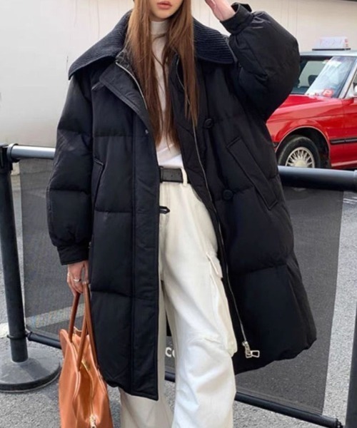 セール】ボリュームリブステンカラー中綿ロングコート（ダウン