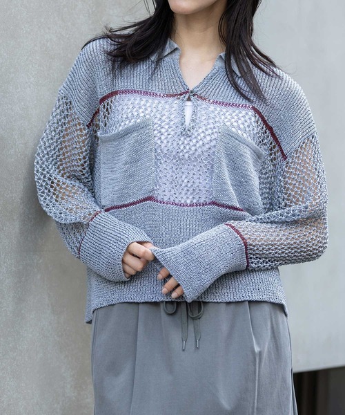 Munich(ミューニック)の「リブ編み×スカシ編みポロニット(ニット/セーター・レディース・グレー/グレイッシュベージュ/ブラック・FREE)」の1枚目の写真