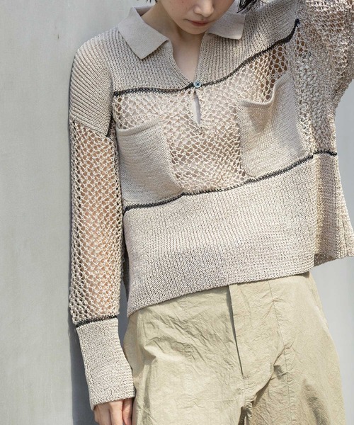 Munich(ミューニック)の「リブ編み×スカシ編みポロニット(ニット/セーター・レディース・グレー/グレイッシュベージュ/ブラック・FREE)」の3枚目の写真