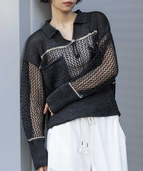 Munich(ミューニック)の「リブ編み×スカシ編みポロニット(ニット/セーター・レディース・グレー/グレイッシュベージュ/ブラック・FREE)」の2枚目の写真