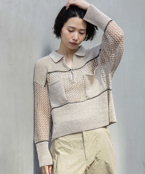 Munich(ミューニック)の「リブ編み×スカシ編みポロニット(ニット/セーター・レディース・グレー/グレイッシュベージュ/ブラック・FREE)」の4枚目の写真