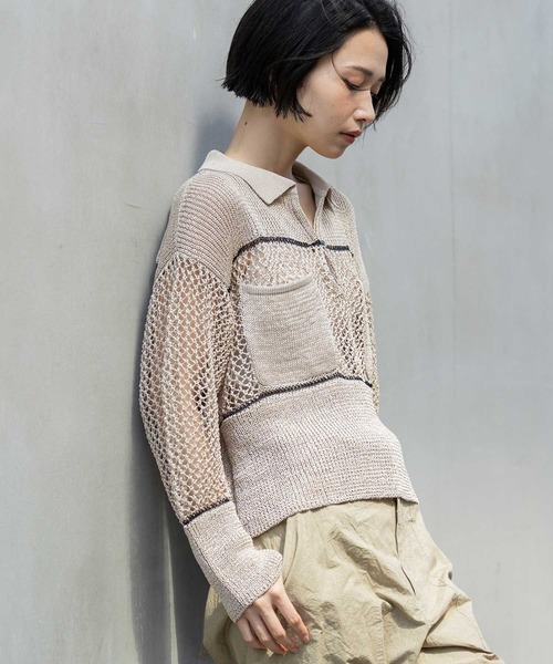 Munich(ミューニック)の「リブ編み×スカシ編みポロニット(ニット/セーター・レディース・グレー/グレイッシュベージュ/ブラック・FREE)」の5枚目の写真