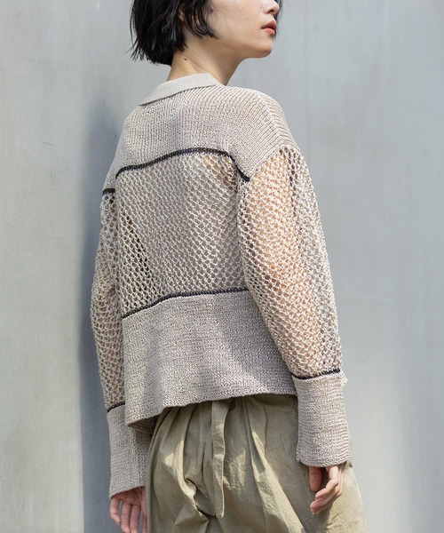 Munich(ミューニック)の「リブ編み×スカシ編みポロニット(ニット/セーター・レディース・グレー/グレイッシュベージュ/ブラック・FREE)」の6枚目の写真