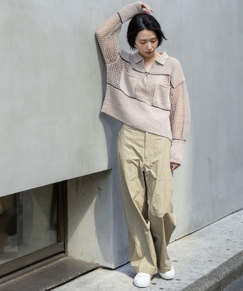 Munich(ミューニック)の「リブ編み×スカシ編みポロニット(ニット/セーター・レディース・グレー/グレイッシュベージュ/ブラック・FREE)」の9枚目の写真